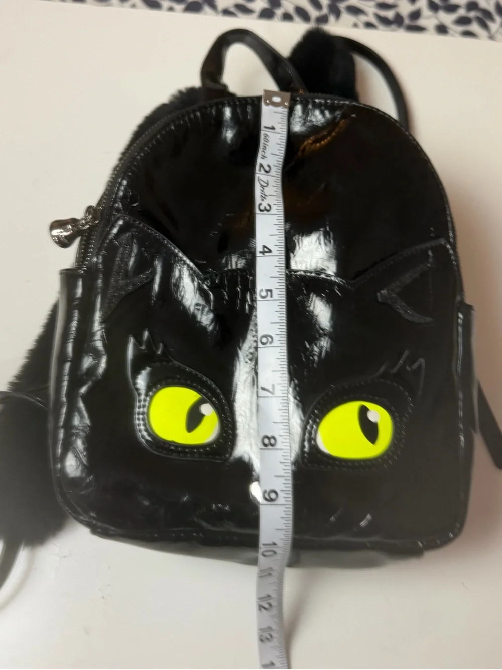 Betsey Johnson Black Glossy Meow In The Dark Cat Eyes Faux Fur Mini Backpack
